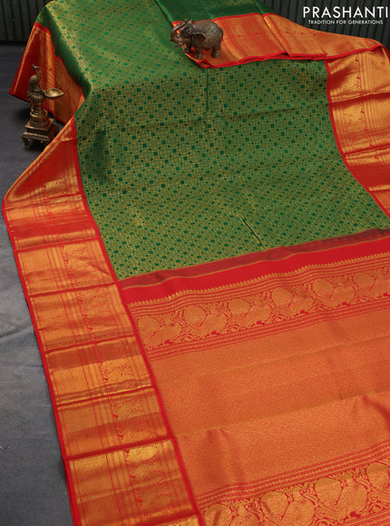 Pure kanchipuram silk saree green and red with allover zari woven brocade weaves and long zari woven border