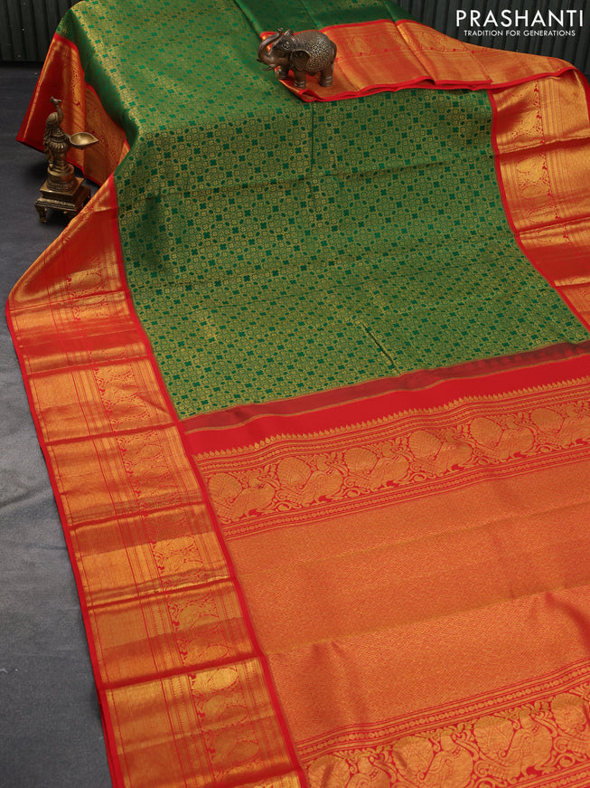 Pure kanchipuram silk saree green and red with allover zari woven brocade weaves and long zari woven border