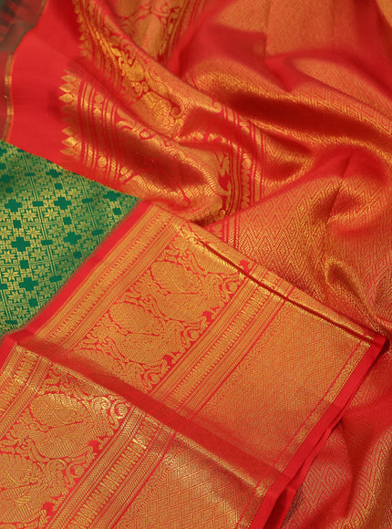 Pure kanchipuram silk saree green and red with allover zari woven brocade weaves and long zari woven border