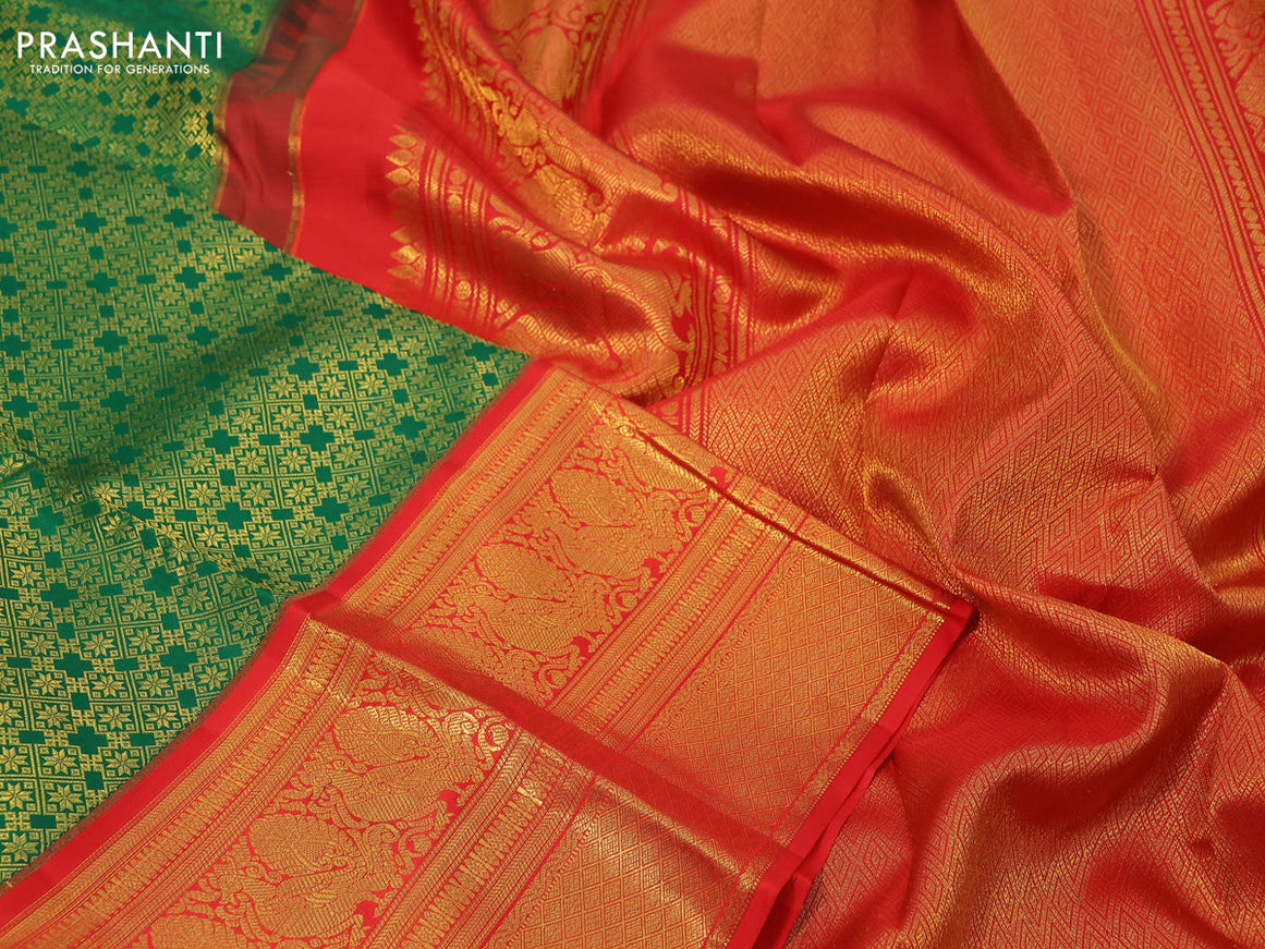 Pure kanchipuram silk saree green and red with allover zari woven brocade weaves and long zari woven border