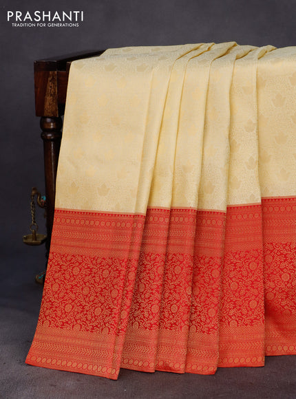 Pure kanchipuram silk saree cream and red with allover zari woven brocade weaves and long zari woven border