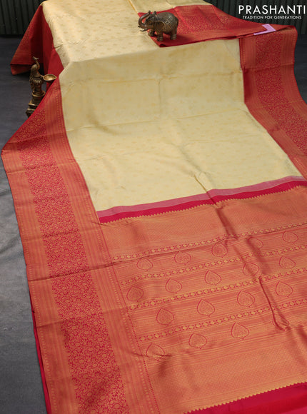 Pure kanchipuram silk saree cream and red with allover zari woven brocade weaves and long zari woven border