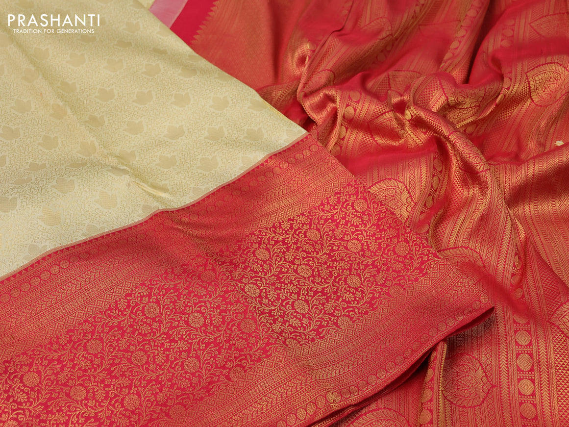 Pure kanchipuram silk saree cream and red with allover zari woven brocade weaves and long zari woven border