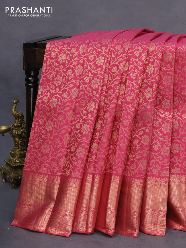 Pure kanchipuram silk saree dark pink with allover copper zari woven brocade weaves and copper zari woven border