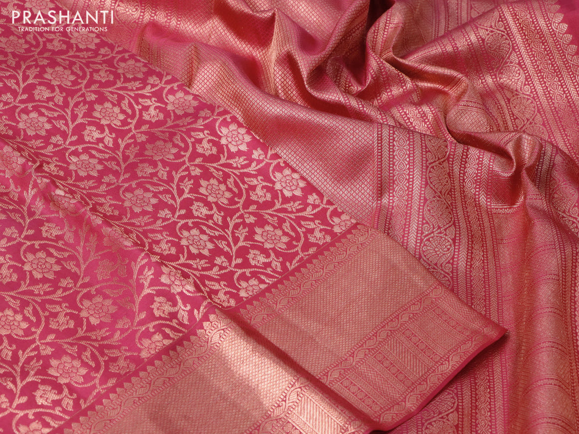 Pure kanchipuram silk saree dark pink with allover copper zari woven brocade weaves and copper zari woven border