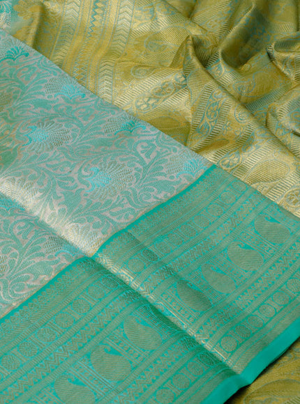 Pure kanchipuram tissue silk saree teal green shade and teal blue with allover zari woven brocade weaves and zari woven border