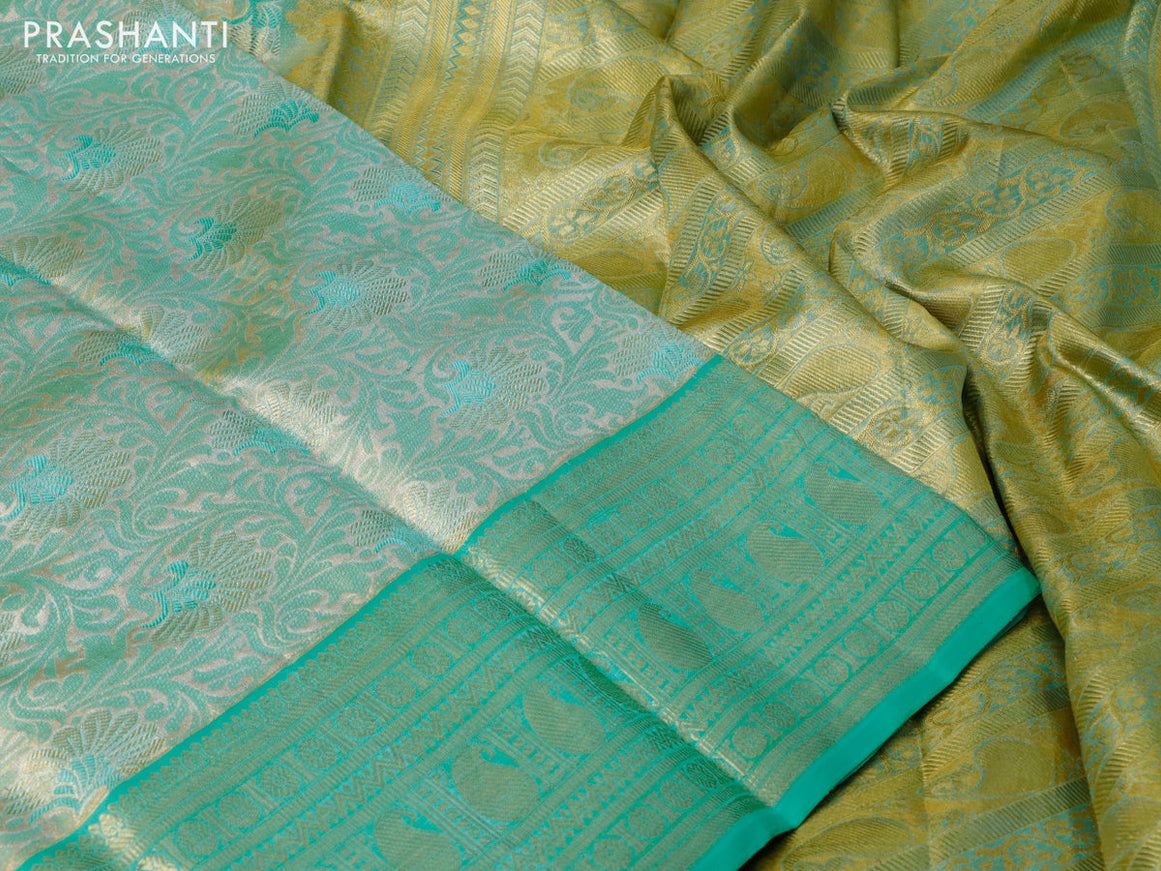 Pure kanchipuram tissue silk saree teal green shade and teal blue with allover zari woven brocade weaves and zari woven border