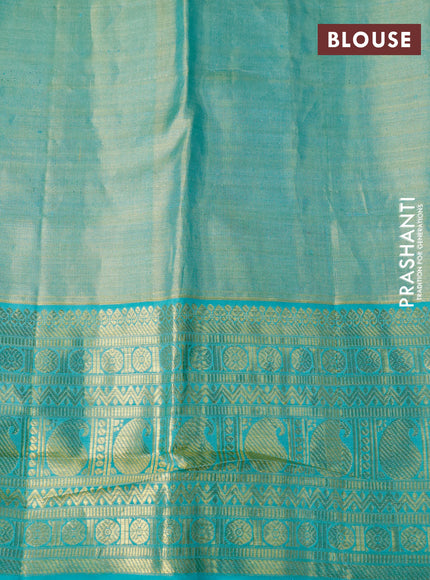 Pure kanchipuram tissue silk saree teal green shade and teal blue with allover zari woven brocade weaves and zari woven border