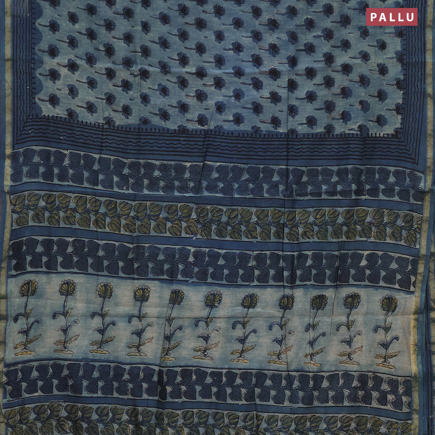 Chanderi bagru saree pastel blue and blue with allover butta prints and small zari woven border