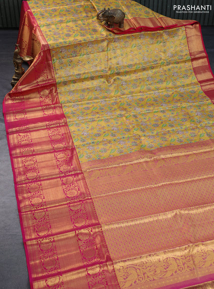 Pure kanchipuram tissue silk saree gold and dual shade of pink with allover zari woven brocade weaves and long zari woven border