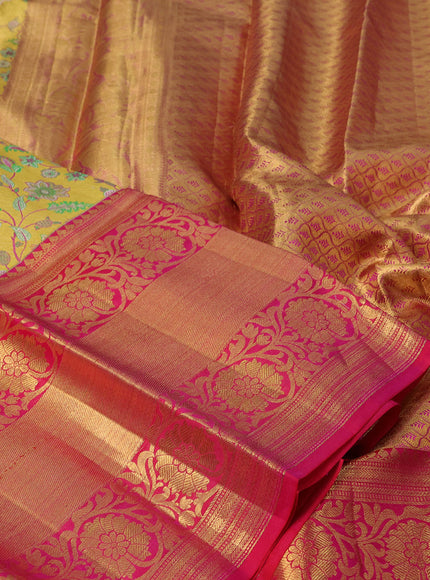 Pure kanchipuram tissue silk saree gold and dual shade of pink with allover zari woven brocade weaves and long zari woven border