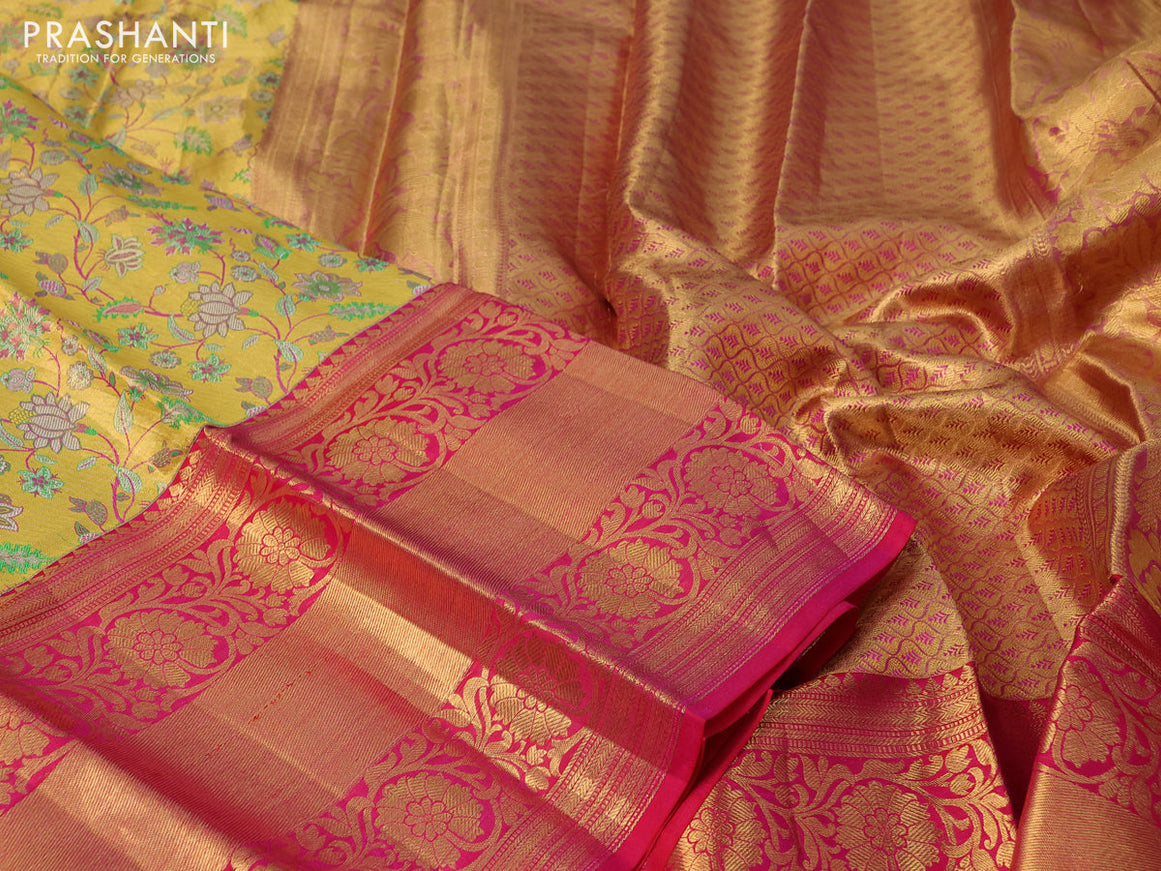 Pure kanchipuram tissue silk saree gold and dual shade of pink with allover zari woven brocade weaves and long zari woven border