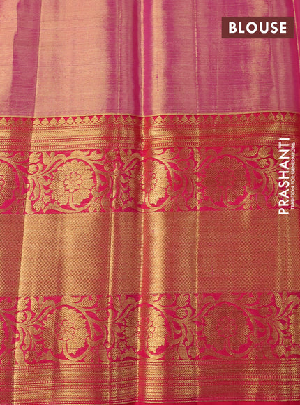 Pure kanchipuram tissue silk saree gold and dual shade of pink with allover zari woven brocade weaves and long zari woven border