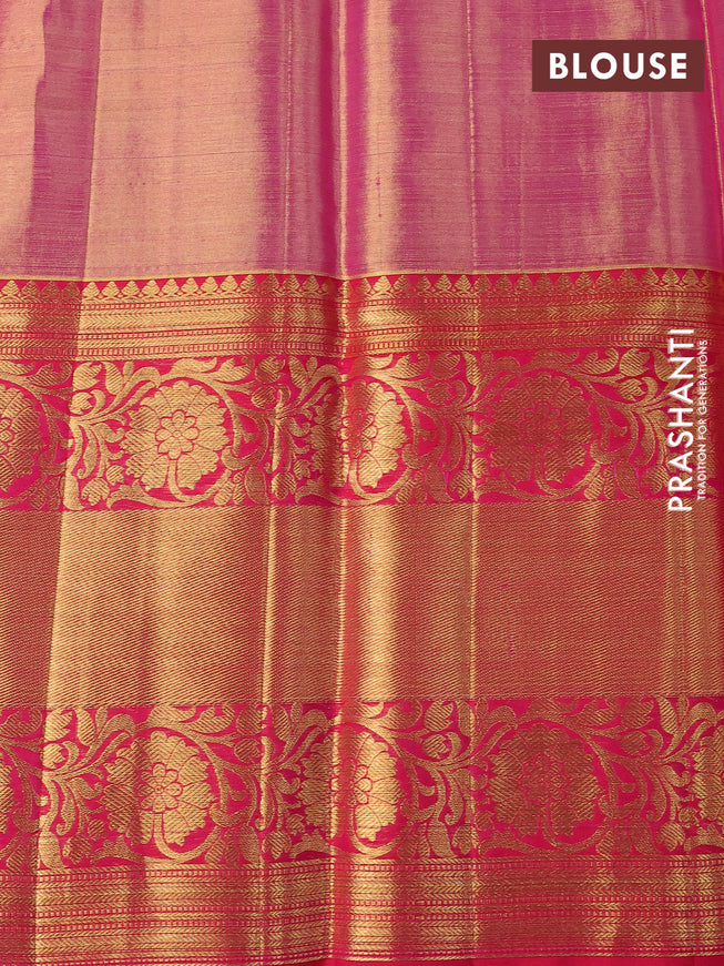 Pure kanchipuram tissue silk saree gold and dual shade of pink with allover zari woven brocade weaves and long zari woven border