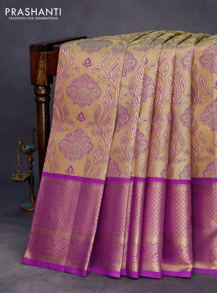 Pure kanchipuram tissue silk saree gold and violet with allover zari woven brocade weaves and long zari woven border