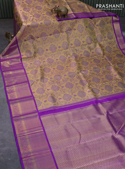 Pure kanchipuram tissue silk saree gold and violet with allover zari woven brocade weaves and long zari woven border