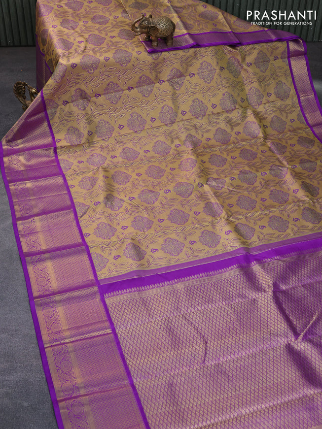 Pure kanchipuram tissue silk saree gold and violet with allover zari woven brocade weaves and long zari woven border