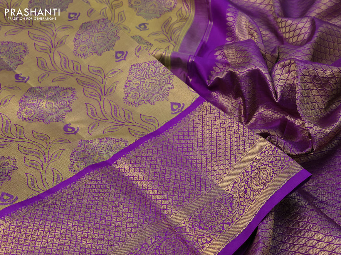 Pure kanchipuram tissue silk saree gold and violet with allover zari woven brocade weaves and long zari woven border