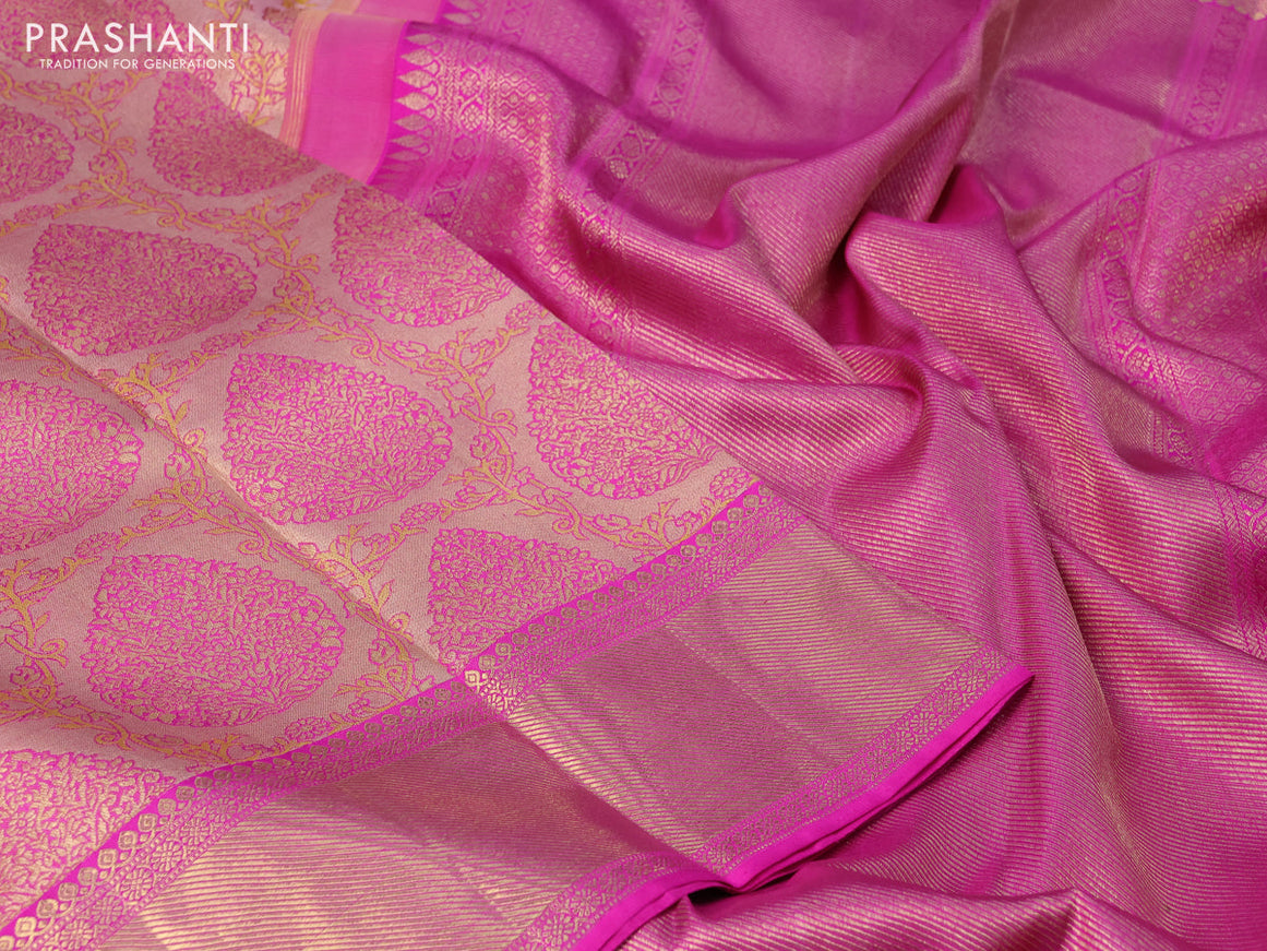 Pure kanchipuram tissue silk saree peach shade and pink with allover zari woven brocade weaves and zari woven border