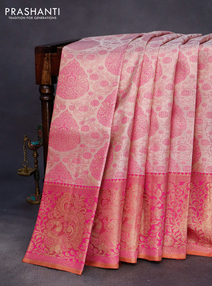 Pure kanchipuram tissue silk saree grey and pink with allover zari woven brocade weaves and zari woven border