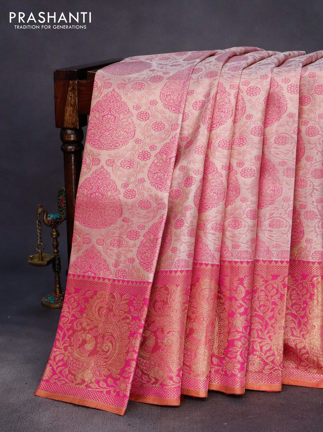 Pure kanchipuram tissue silk saree grey and pink with allover zari woven brocade weaves and zari woven border