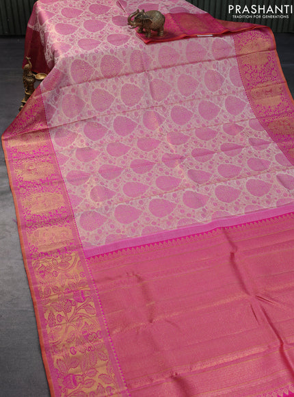 Pure kanchipuram tissue silk saree grey and pink with allover zari woven brocade weaves and zari woven border