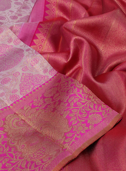 Pure kanchipuram tissue silk saree grey and pink with allover zari woven brocade weaves and zari woven border