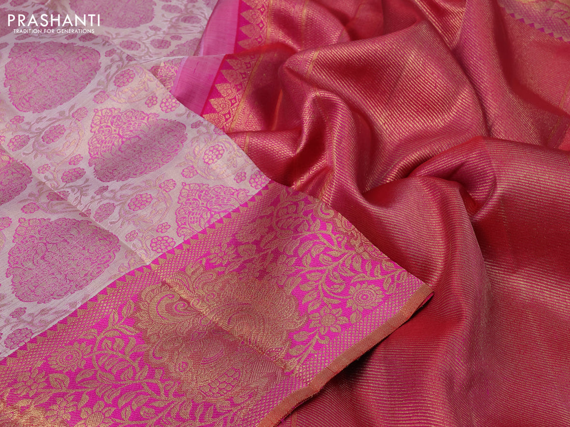 Pure kanchipuram tissue silk saree grey and pink with allover zari woven brocade weaves and zari woven border