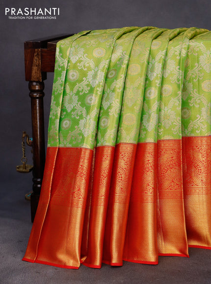 Pure kanchipuram tissue silk saree light green and red with allover zari woven brocade weaves and long zari woven border