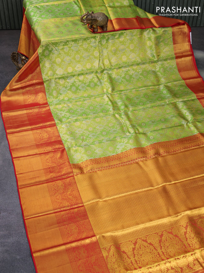 Pure kanchipuram tissue silk saree light green and red with allover zari woven brocade weaves and long zari woven border