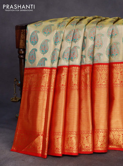 Pure kanchipuram tissue silk saree gold and red with allover zari woven brocade weaves and long annam zari woven border