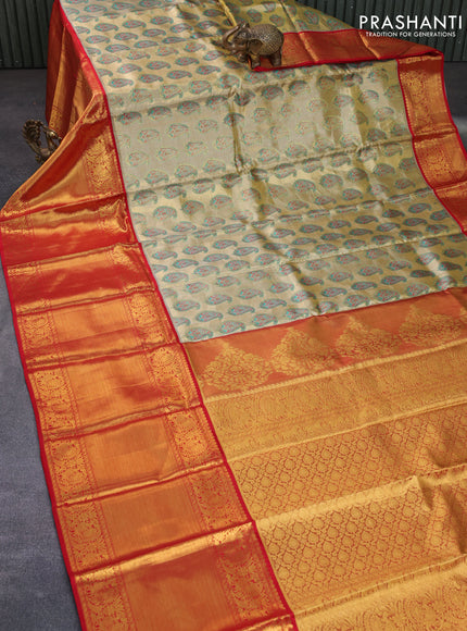 Pure kanchipuram tissue silk saree gold and red with allover zari woven brocade weaves and long annam zari woven border