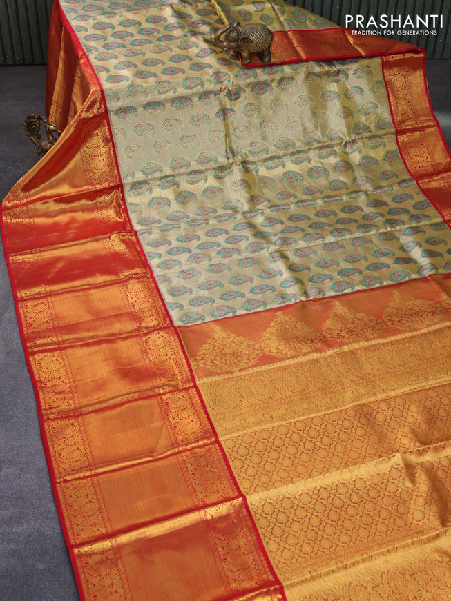 Pure kanchipuram tissue silk saree gold and red with allover zari woven brocade weaves and long annam zari woven border