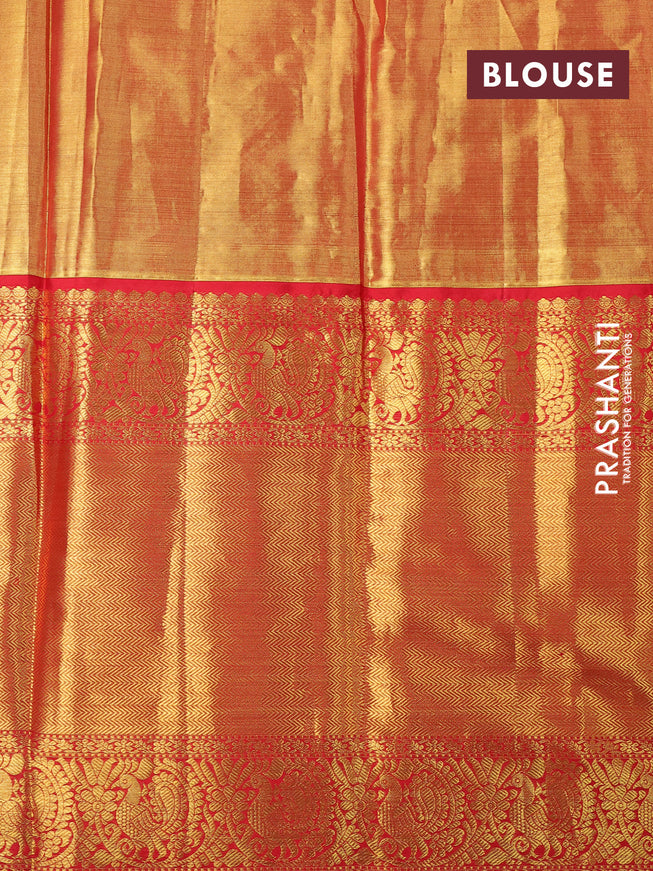 Pure kanchipuram tissue silk saree gold and red with allover zari woven brocade weaves and long annam zari woven border