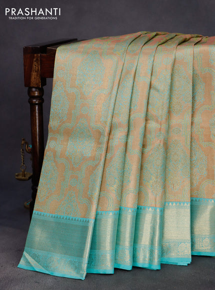 Pure kanchipuram tissue silk saree gold and teal blue with allover zari woven brocade weaves and zari woven border