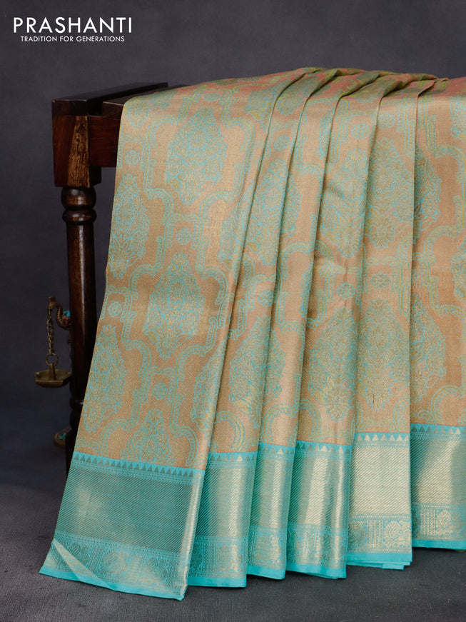 Pure kanchipuram tissue silk saree gold and teal blue with allover zari woven brocade weaves and zari woven border