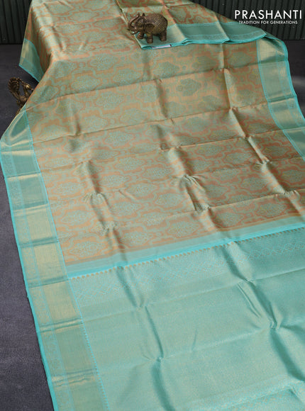 Pure kanchipuram tissue silk saree gold and teal blue with allover zari woven brocade weaves and zari woven border