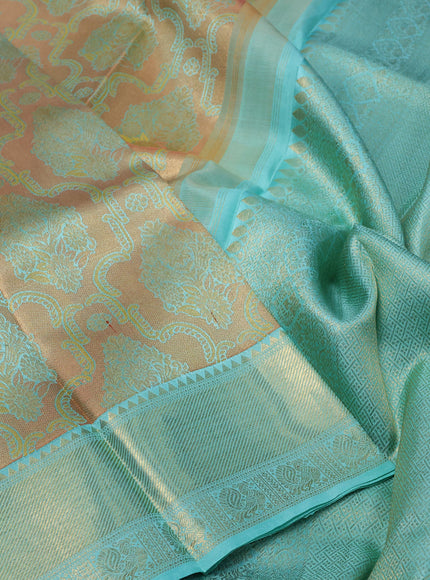 Pure kanchipuram tissue silk saree gold and teal blue with allover zari woven brocade weaves and zari woven border