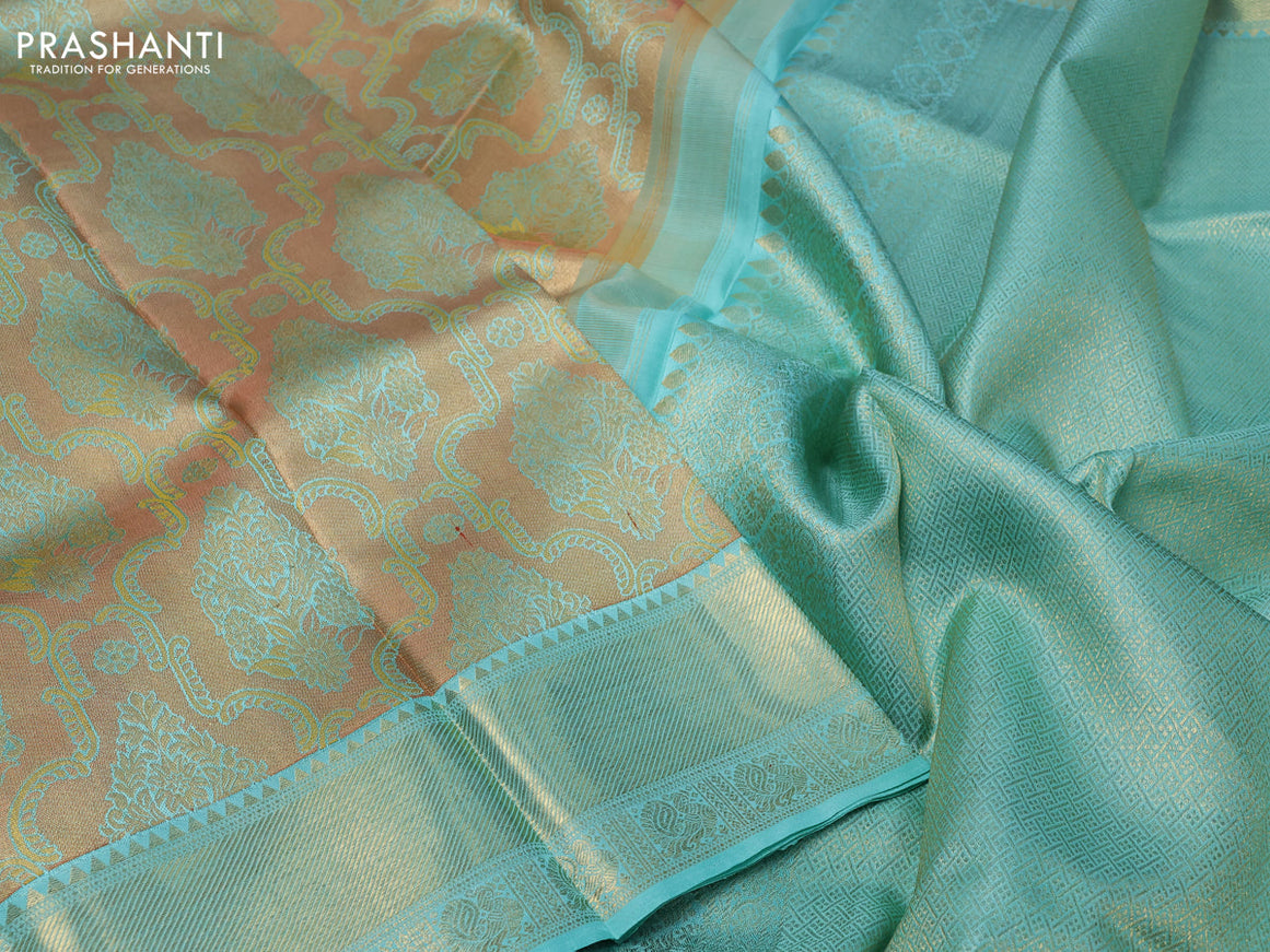 Pure kanchipuram tissue silk saree gold and teal blue with allover zari woven brocade weaves and zari woven border