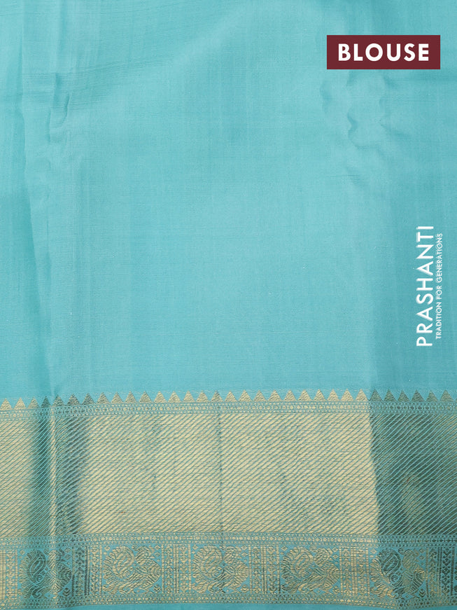 Pure kanchipuram tissue silk saree gold and teal blue with allover zari woven brocade weaves and zari woven border