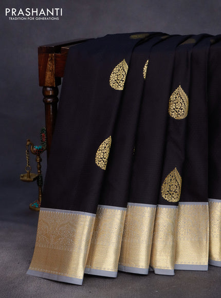 Pure kanchipuram silk saree black and grey with allover self emboss & buttas and zari woven border