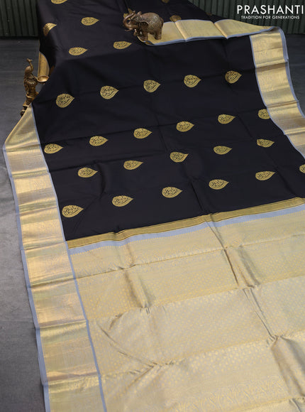 Pure kanchipuram silk saree black and grey with allover self emboss & buttas and zari woven border