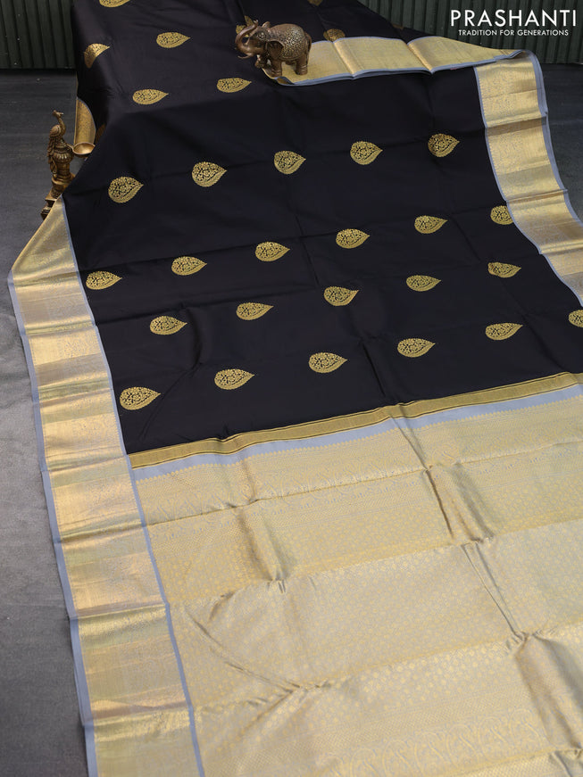 Pure kanchipuram silk saree black and grey with allover self emboss & buttas and zari woven border