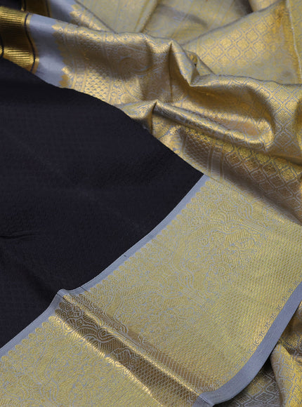 Pure kanchipuram silk saree black and grey with allover self emboss & buttas and zari woven border