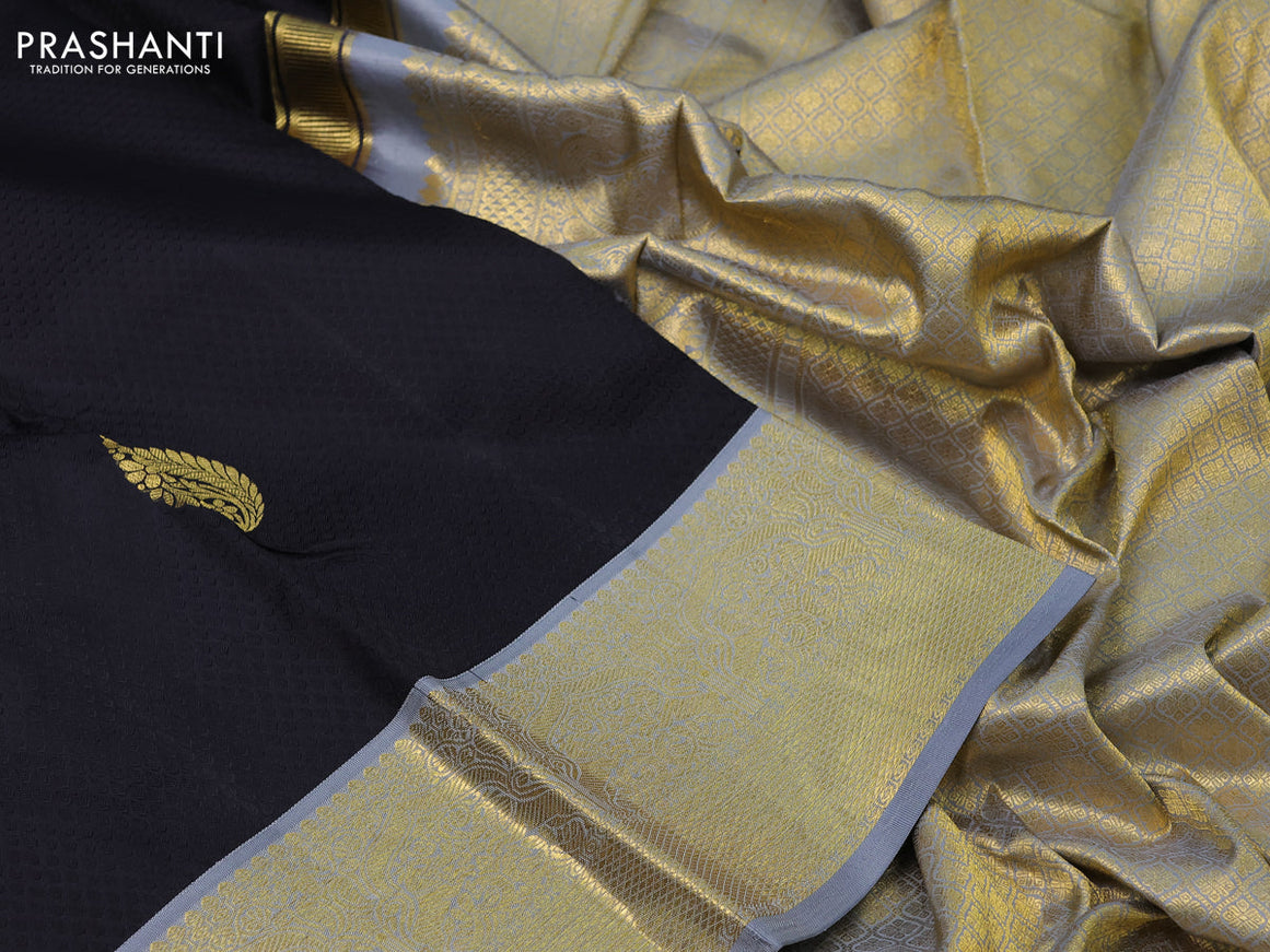 Pure kanchipuram silk saree black and grey with allover self emboss & buttas and zari woven border