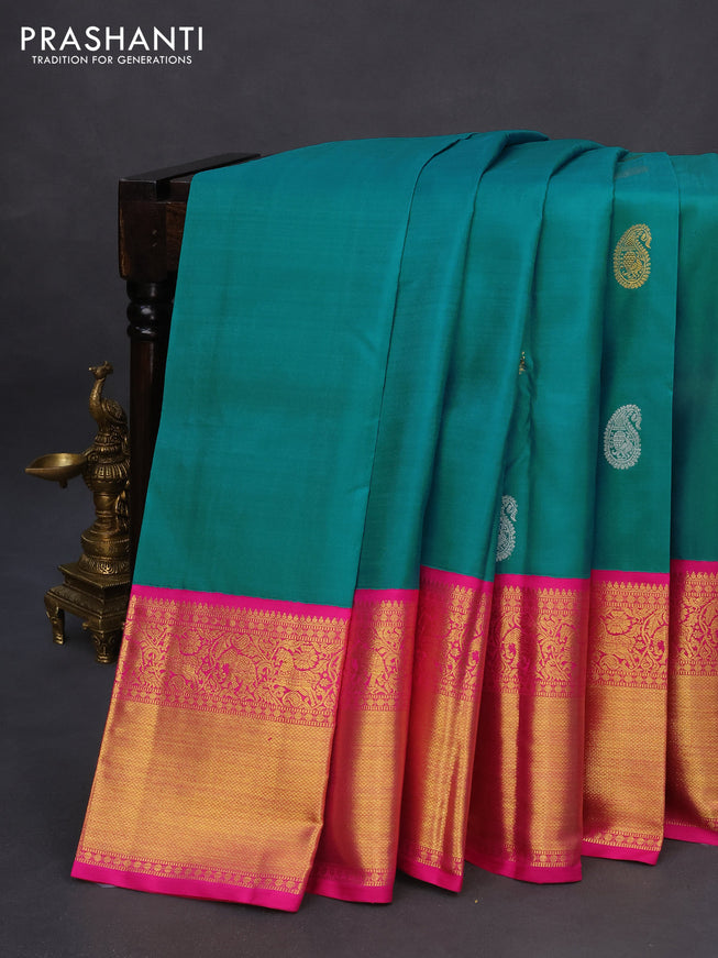 Pure kanchipuram silk saree teal blue and pink with paisley zari woven buttas and zari woven korvai border