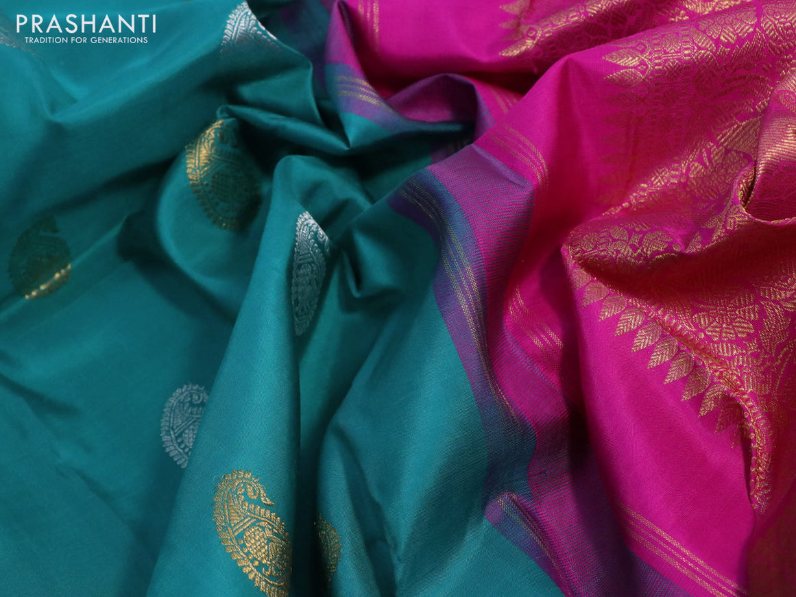 Pure kanchipuram silk saree teal blue and pink with paisley zari woven buttas and zari woven korvai border