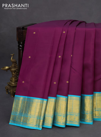 Pure kanchipuram silk saree dark magenta pink and teal blue with zari woven buttas and zari woven korvai border