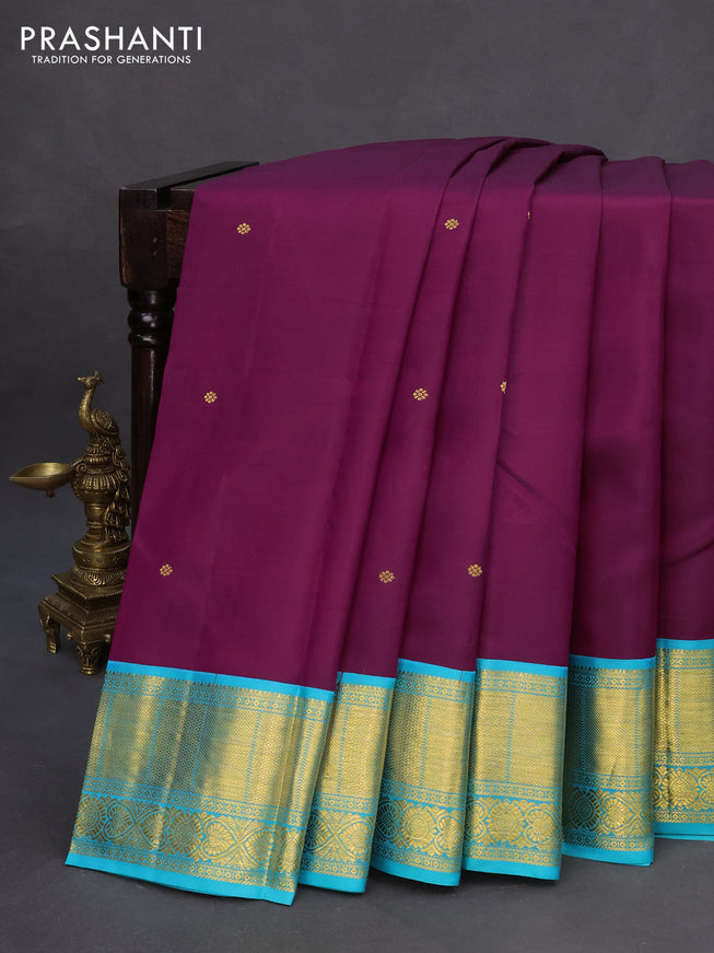 Pure kanchipuram silk saree dark magenta pink and teal blue with zari woven buttas and zari woven korvai border