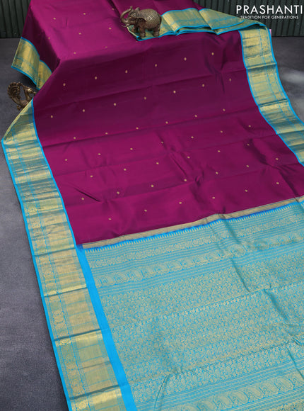 Pure kanchipuram silk saree dark magenta pink and teal blue with zari woven buttas and zari woven korvai border